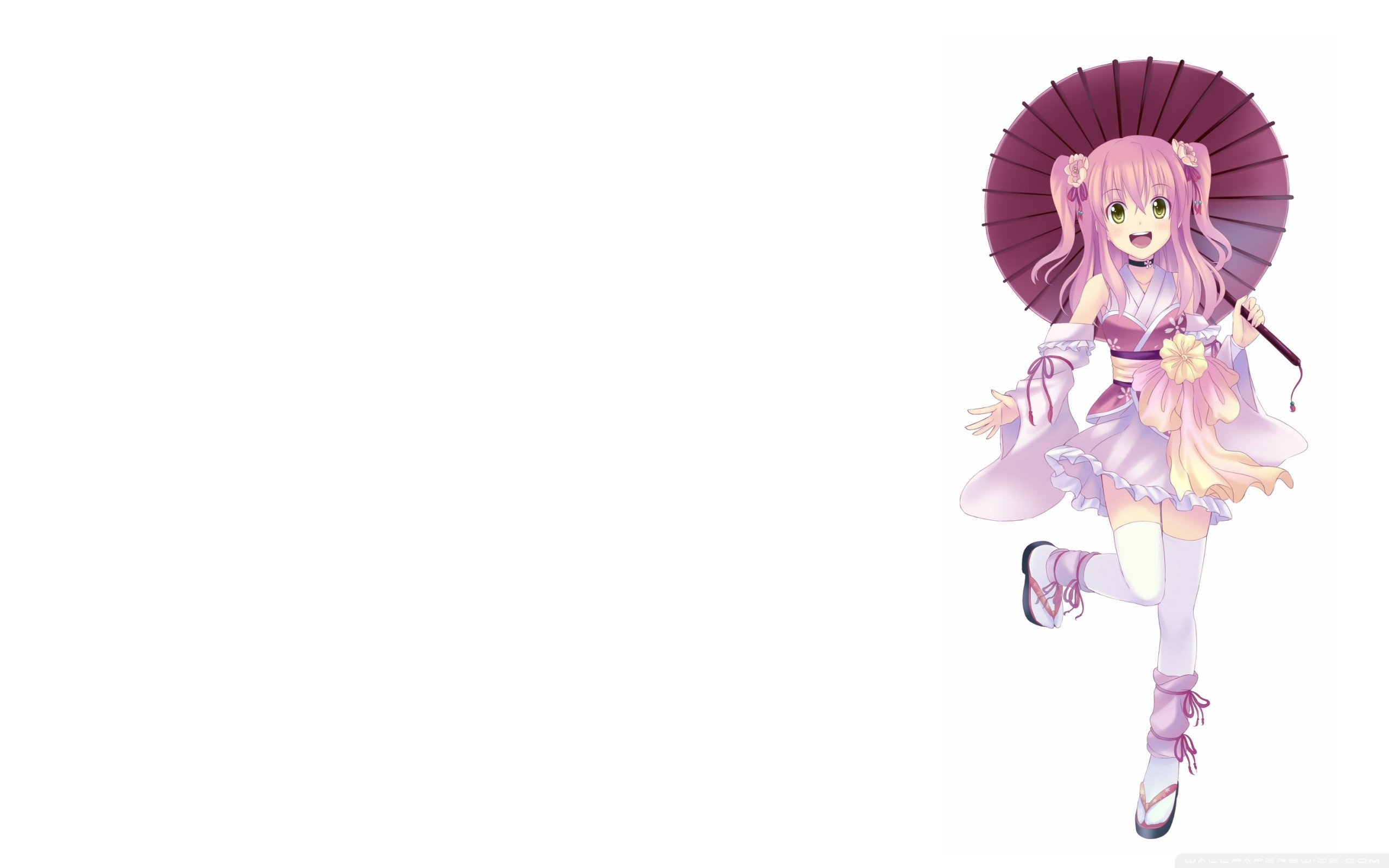 Cute anime girl in traditional Japanese clothing holding a parasol, perfect for a kawaii desktop wallpaper
