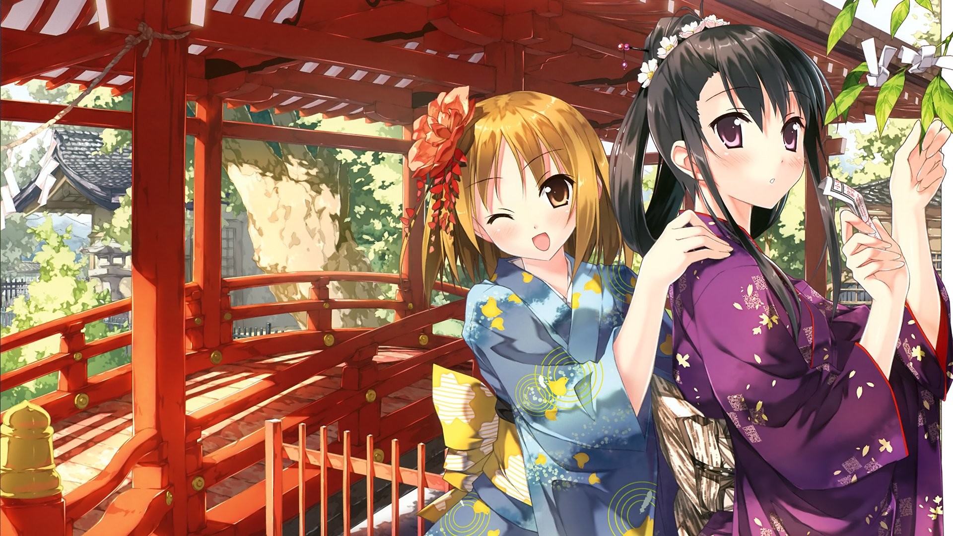 Two cute anime girls in yukatas, standing on a traditional Japanese bridge in a serene garden setting