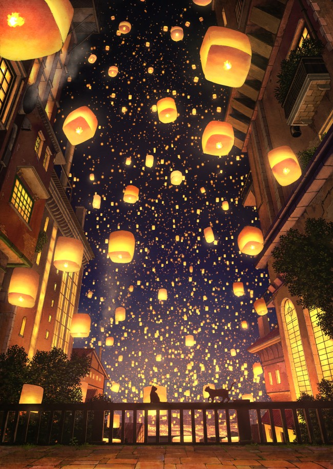 Wallpaper Anime Festival Lanterns Night Fence Scenic Cats Mood