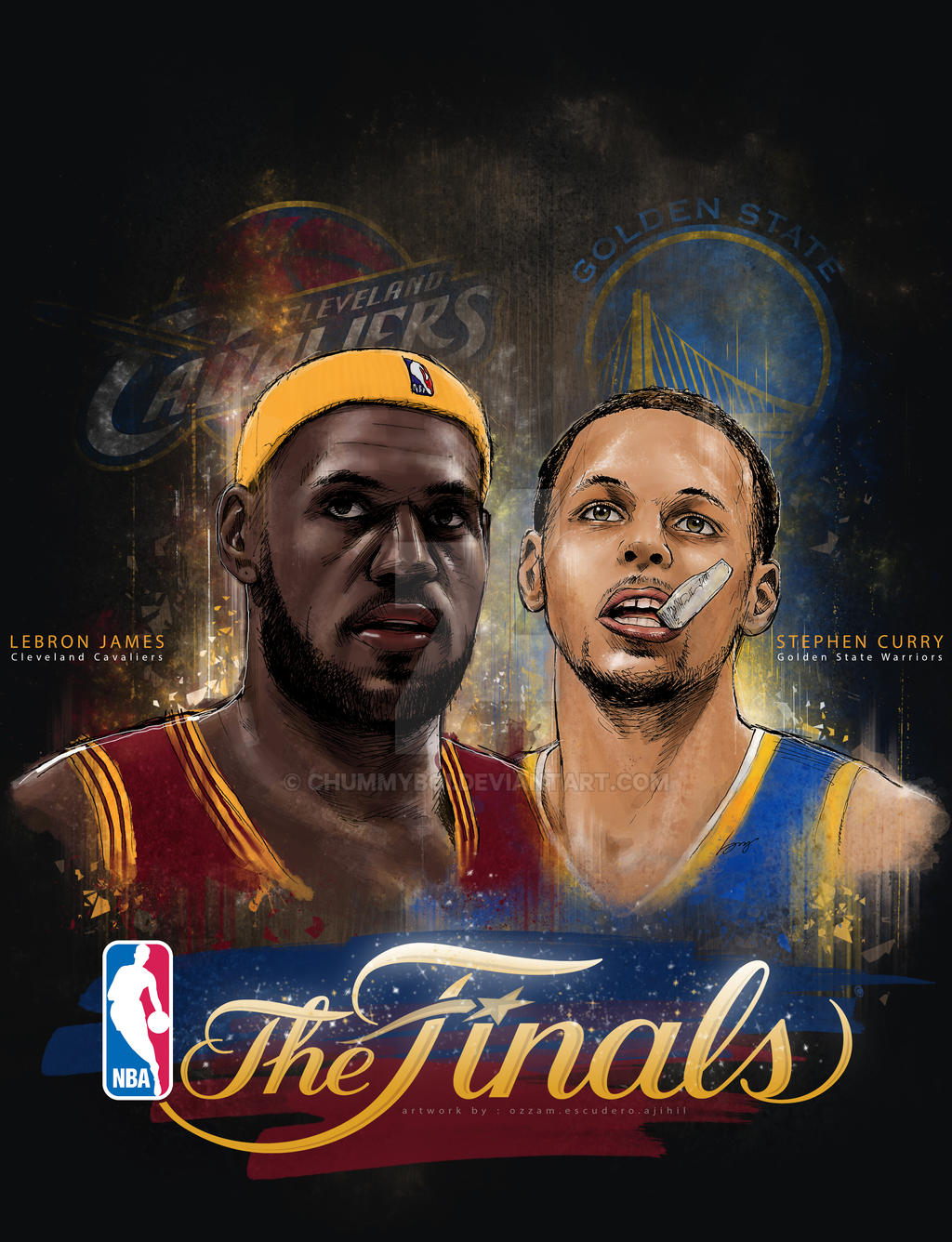 Lebron James and Stephen Curry face off in the NBA Finals, a dramatic illustration showcasing the rivalry between the Cleveland Cavaliers and Golden State Warriors