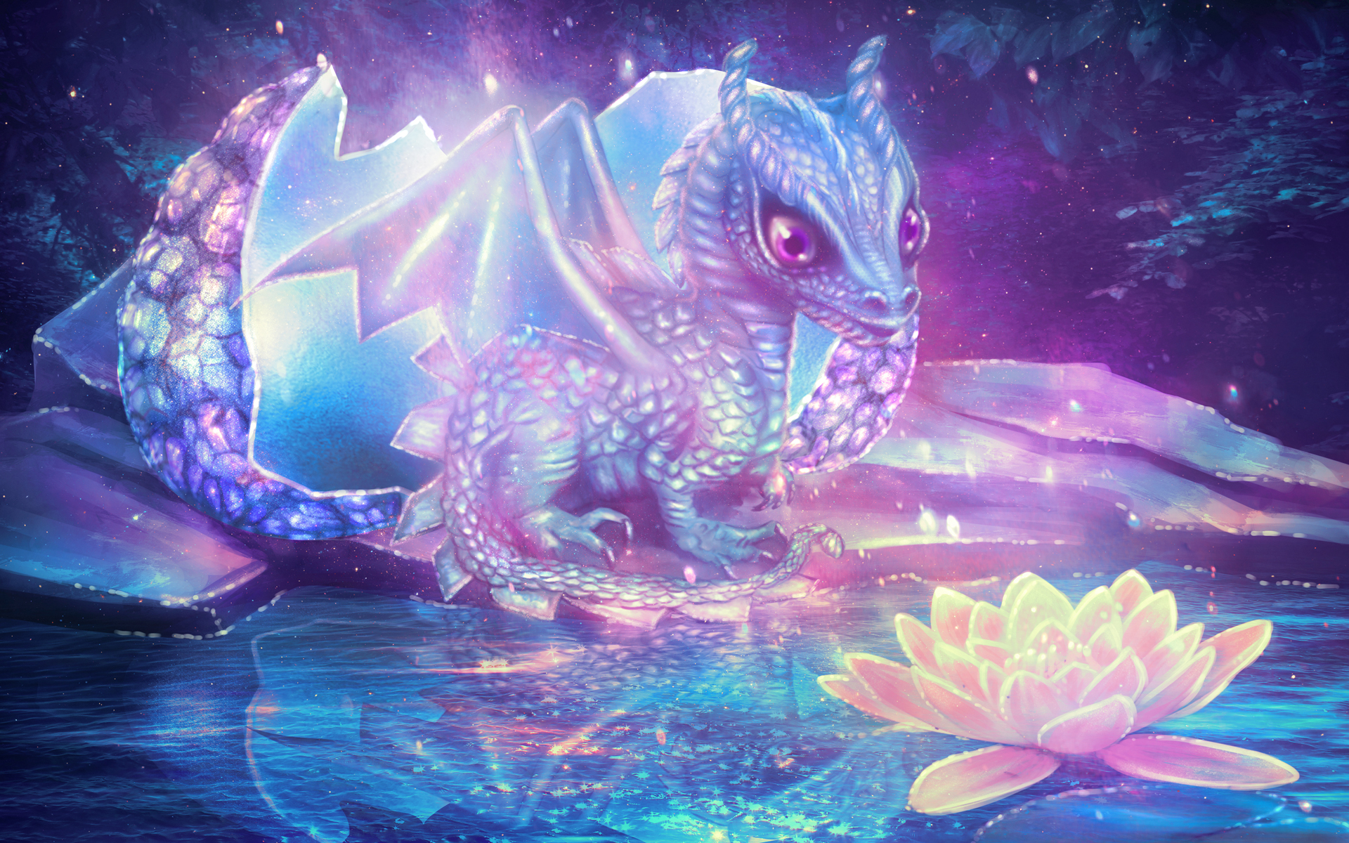 A baby dragon, scales shimmering with iridescent purple and blue, emerges from a similarly hued egg amidst a mystical, luminescent waterscape. A delicate pink lotus flower floats nearby, adding to the enchanting atmosphere