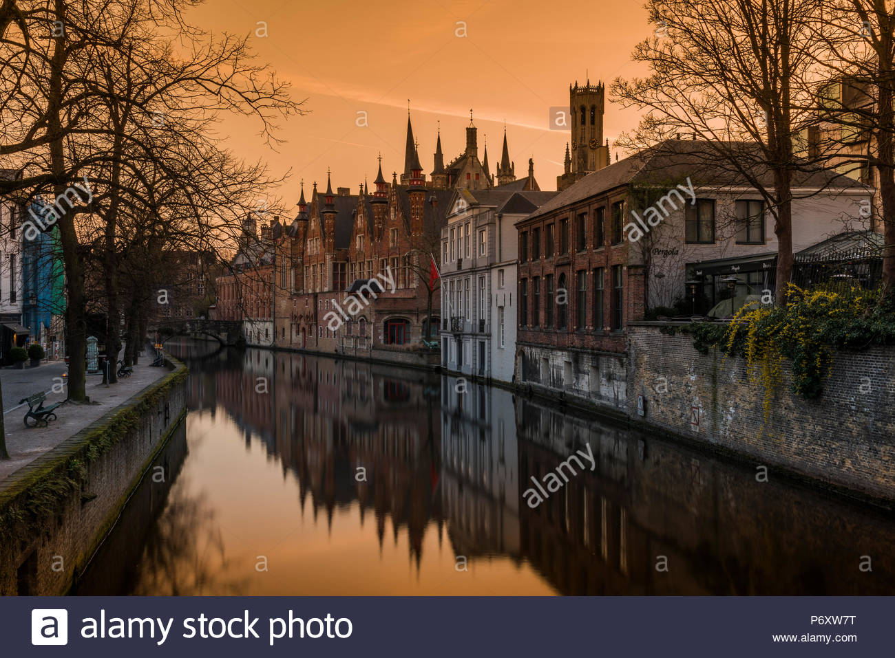 Picturesque Sunset Over Dijver Canal With Belfort Tower In