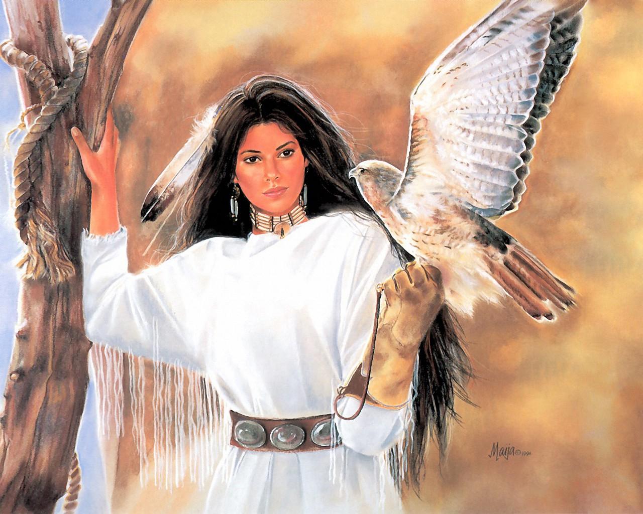 Native American Woman Holding Falcon Puter Wallpaper Desktop