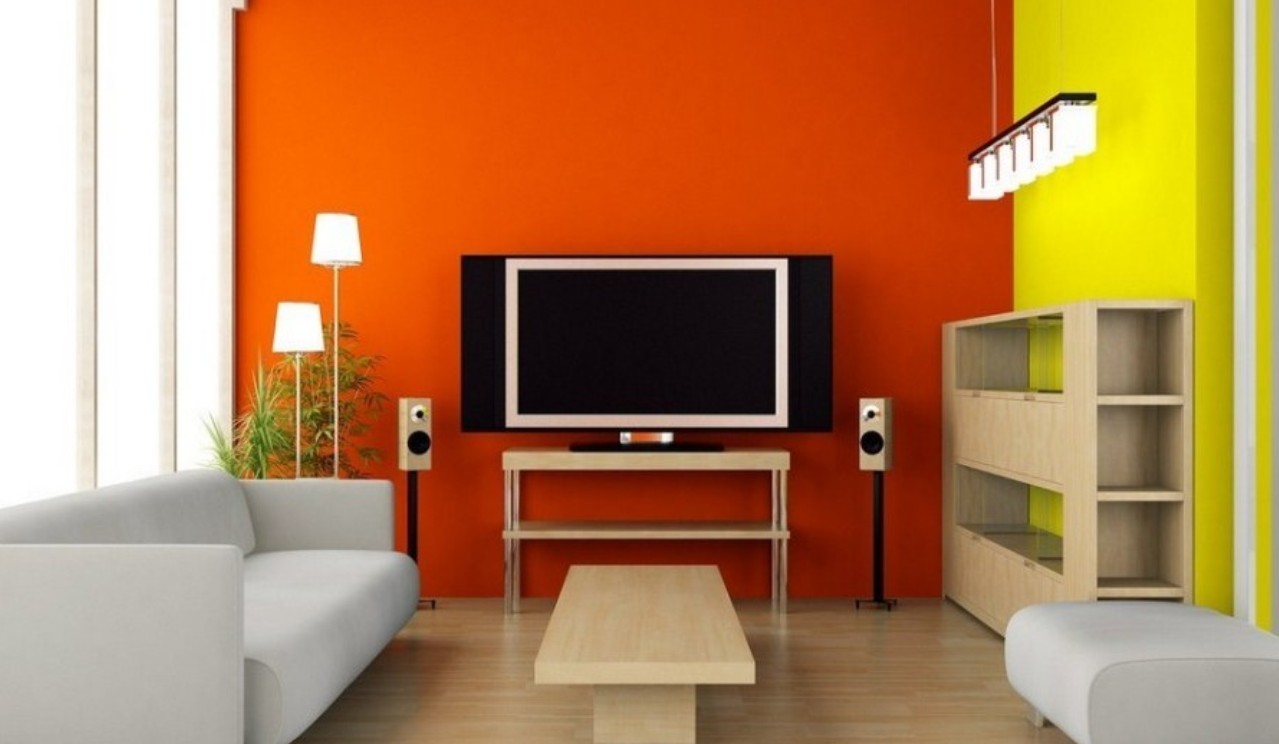 Orange TV wall in modern minimalist living room Interior Design