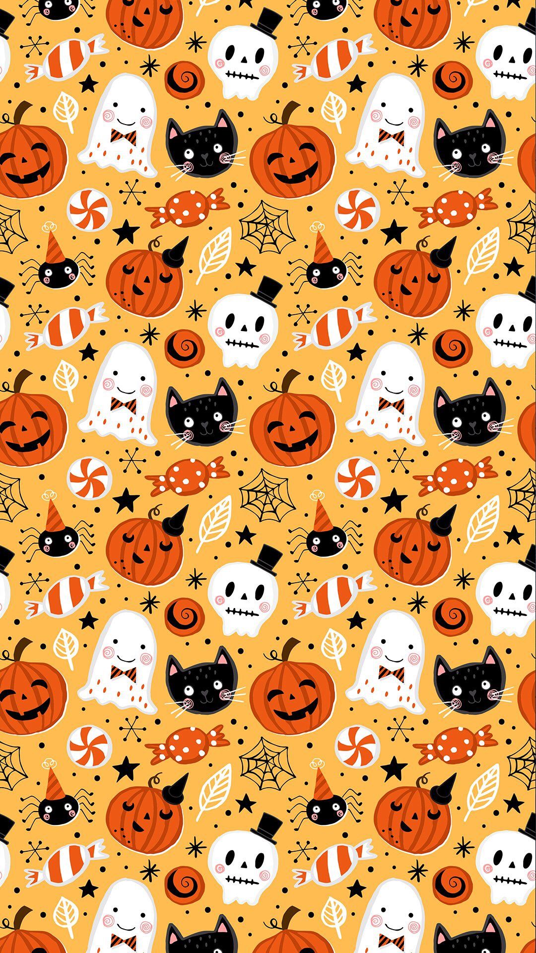 Kawaii Halloween seamless pattern with cute pumpkins, ghosts, black cats, skulls, spiders, candies, and stars on an orange background