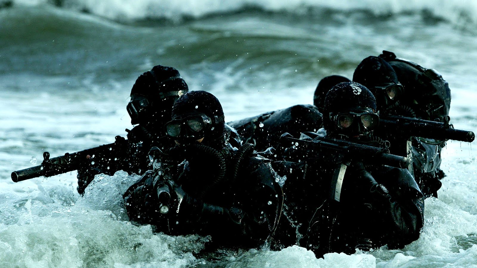 Elite Commandos Marine wading through rough seas with specialized gear and weapons