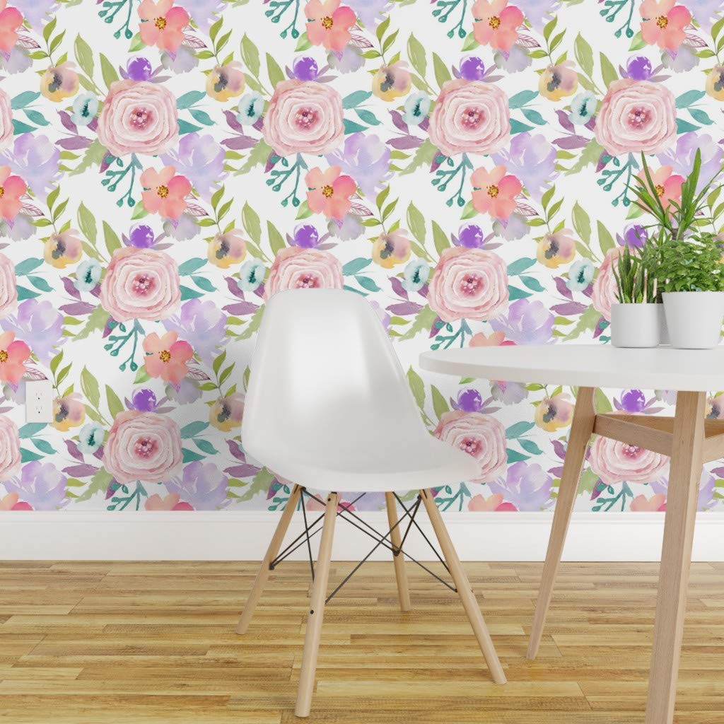 Spoonflower Pre Pasted Removable Wallpaper Floral Watercolor