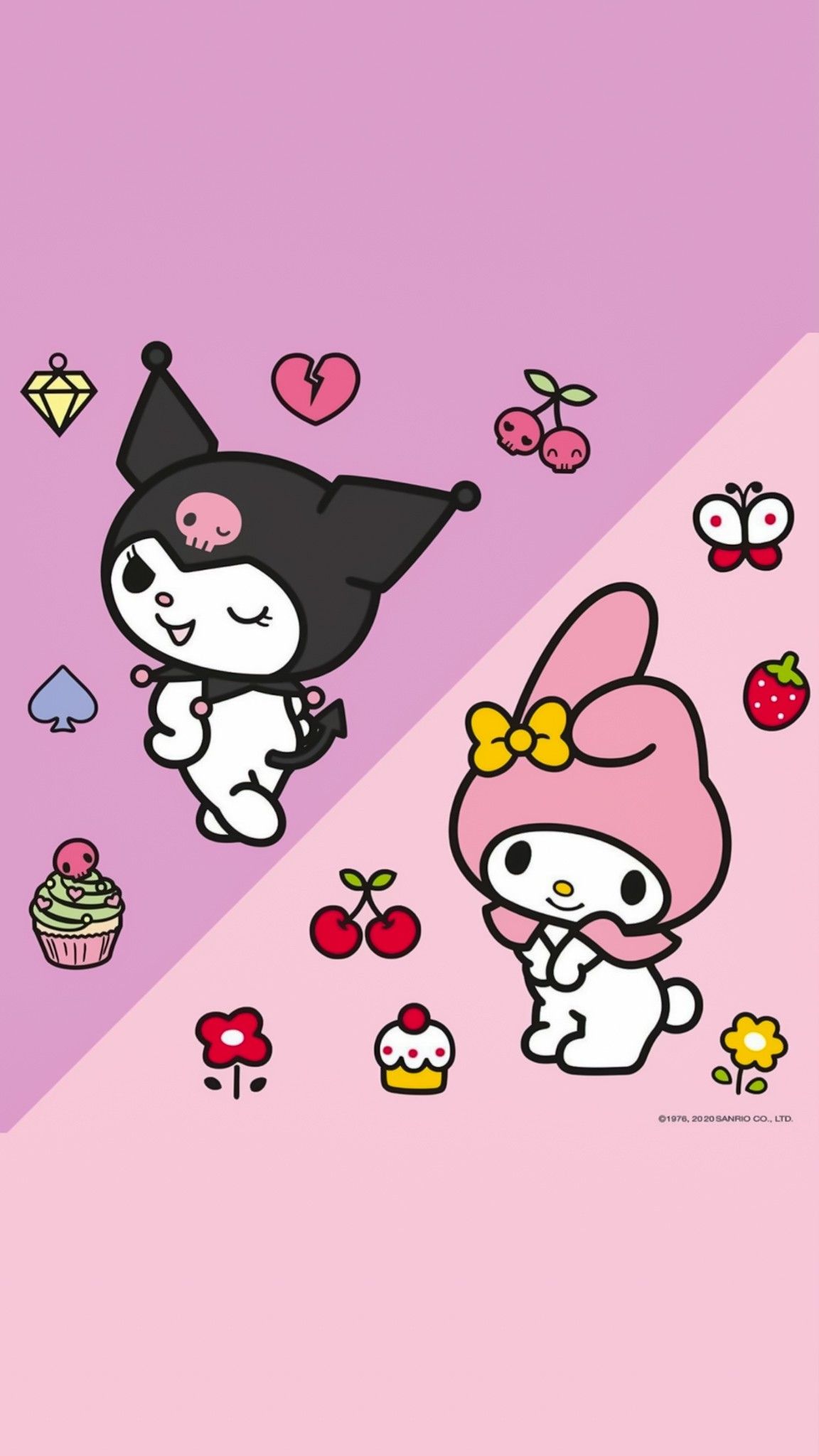 Kuromi and My Melody: A sweet and spooky duo in a vibrant pink wallpaper