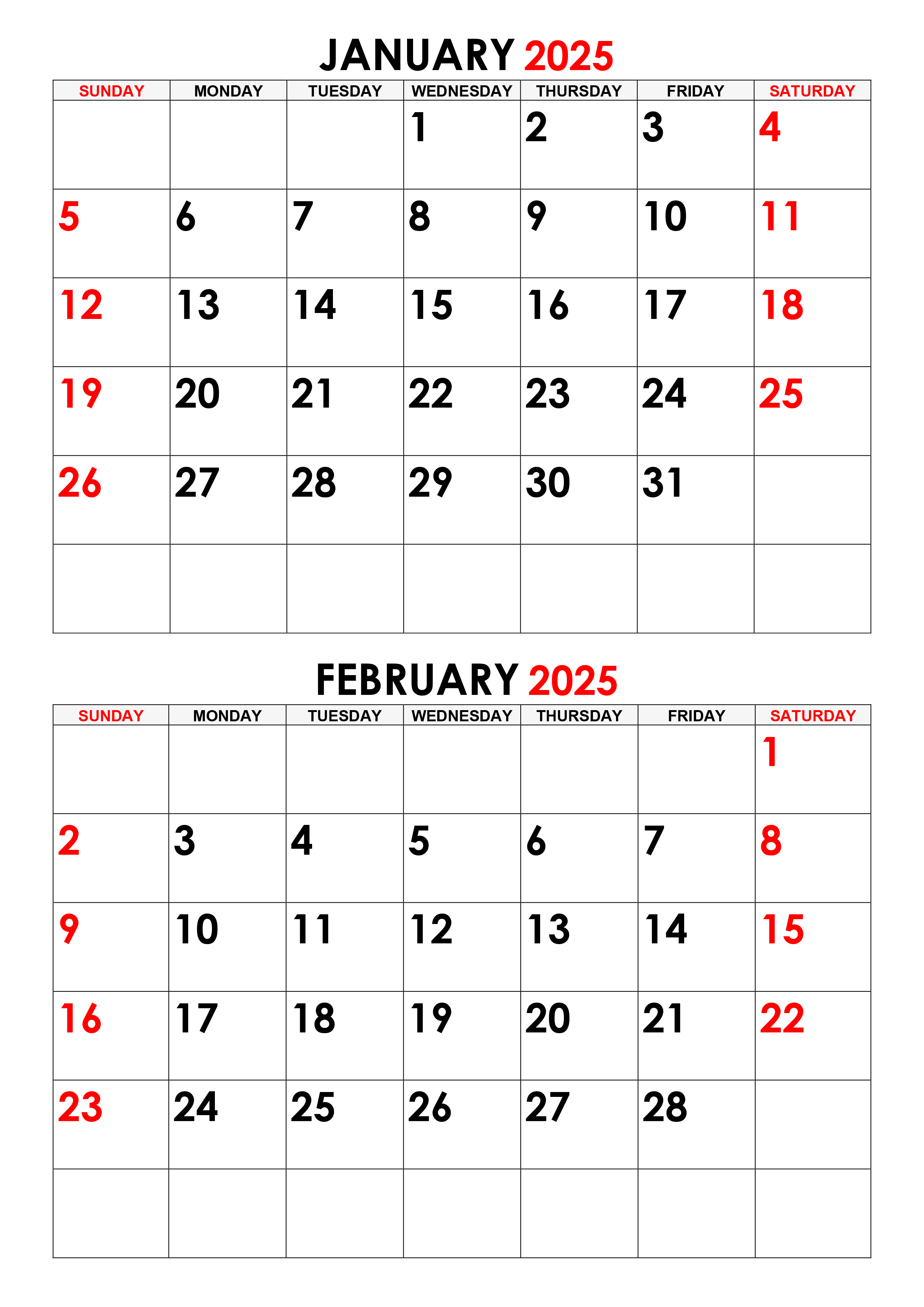 A clean and simple two-month calendar for January and February 2025, perfect for wallpaper or printing