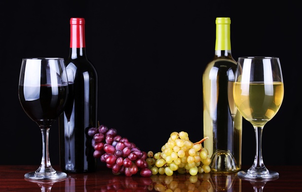 Wallpaper Wine Bottles White Red Grapes Glasses