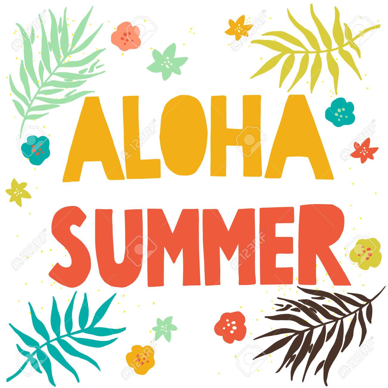 Aloha Summer Hand Lettering With Floral Elements On White