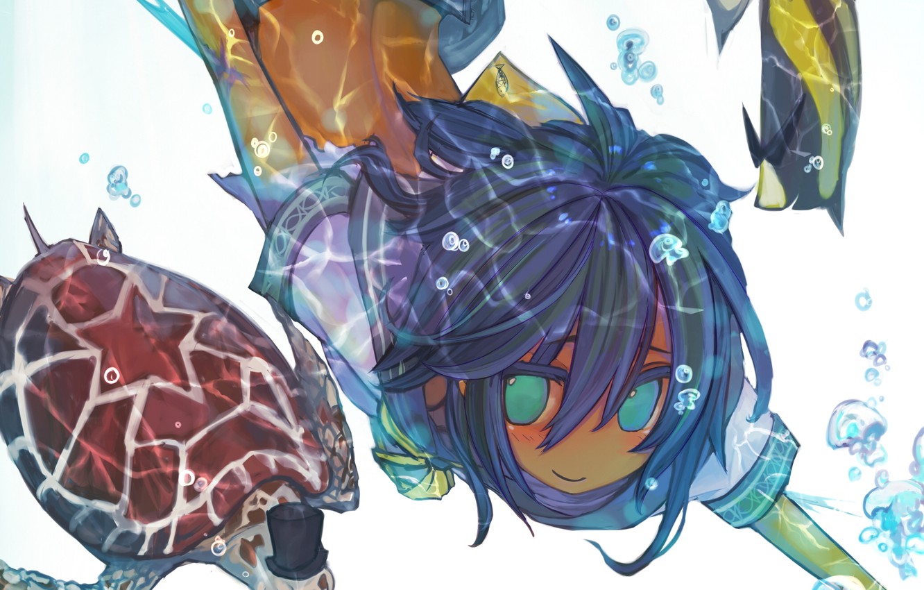 Wallpaper Girl Fish Bubbles Turtle Anime Art Under Water