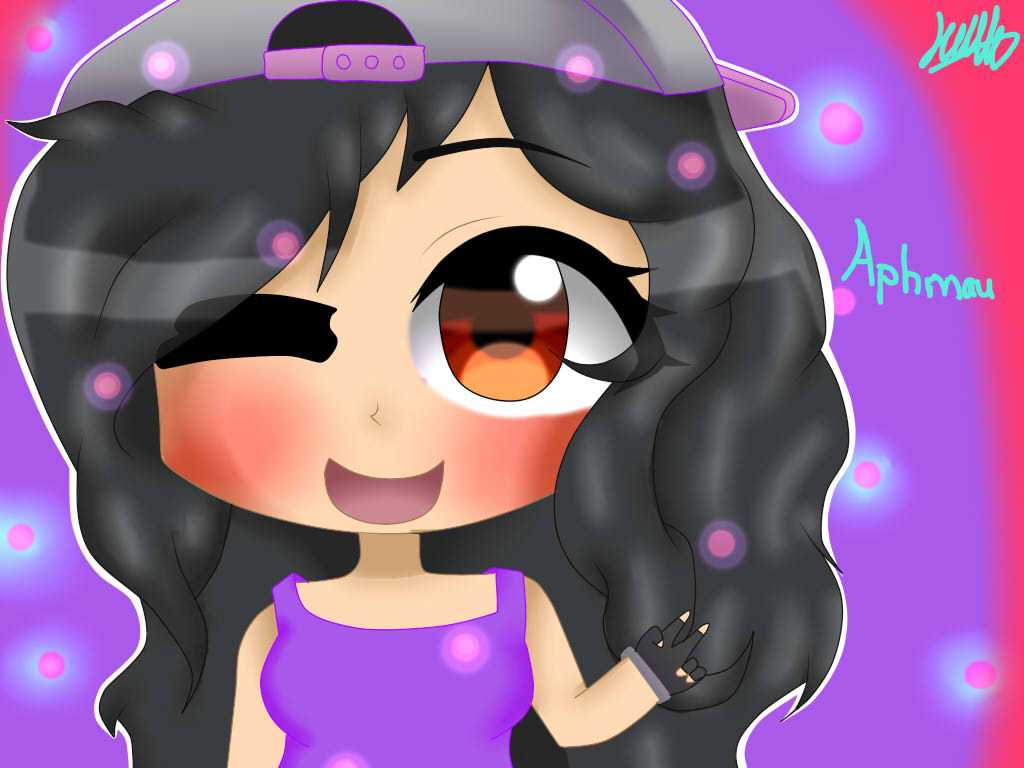 A stylized cartoon drawing of Aphmau, a popular YouTuber known for her Minecraft roleplay videos. She is depicted winking, wearing a backwards baseball cap and a purple tank top. The image has a vibrant, colorful background