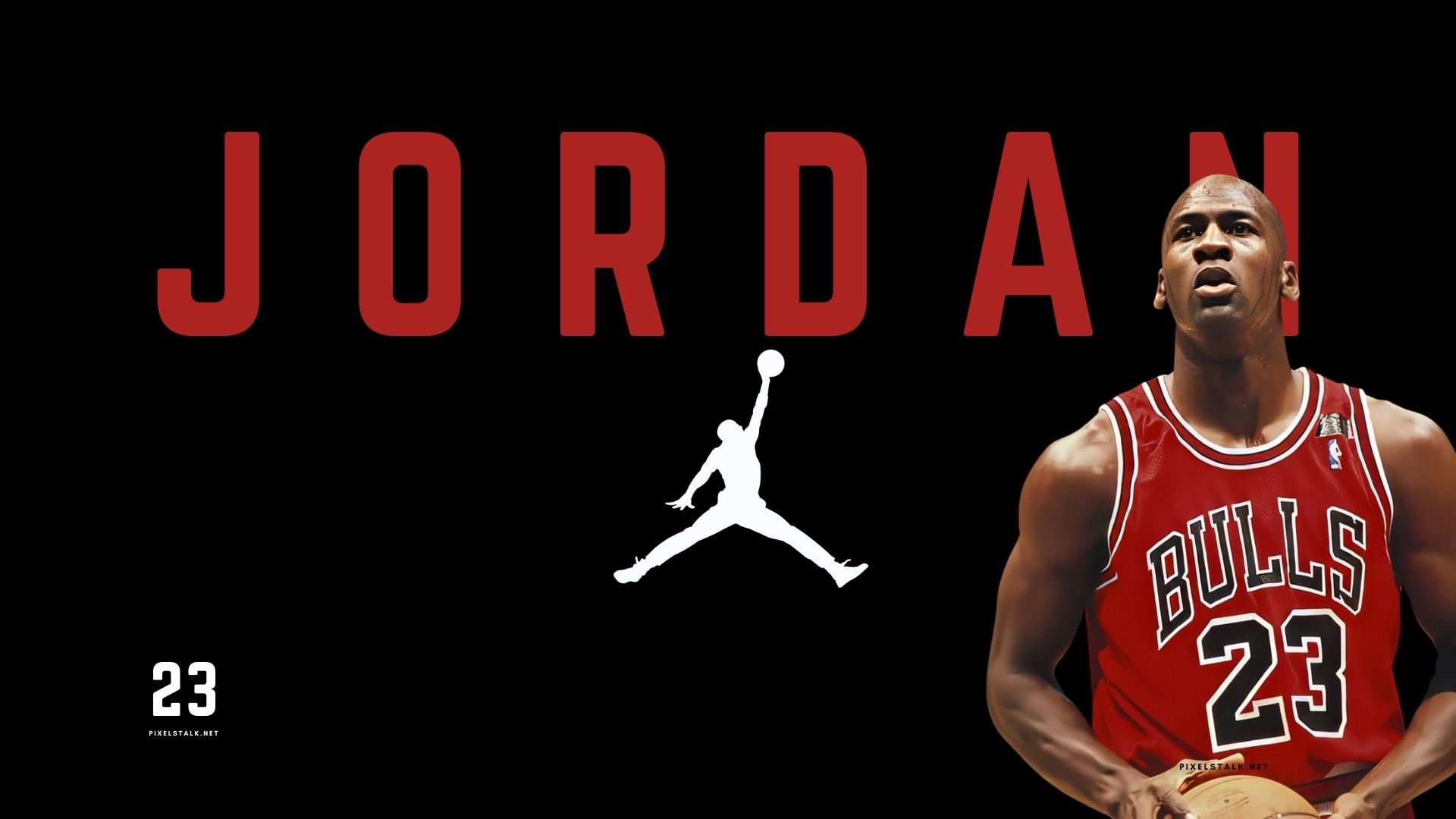 Michael Jordan, number 23 of the Chicago Bulls, in action, with the Jordan logo and his name in the background