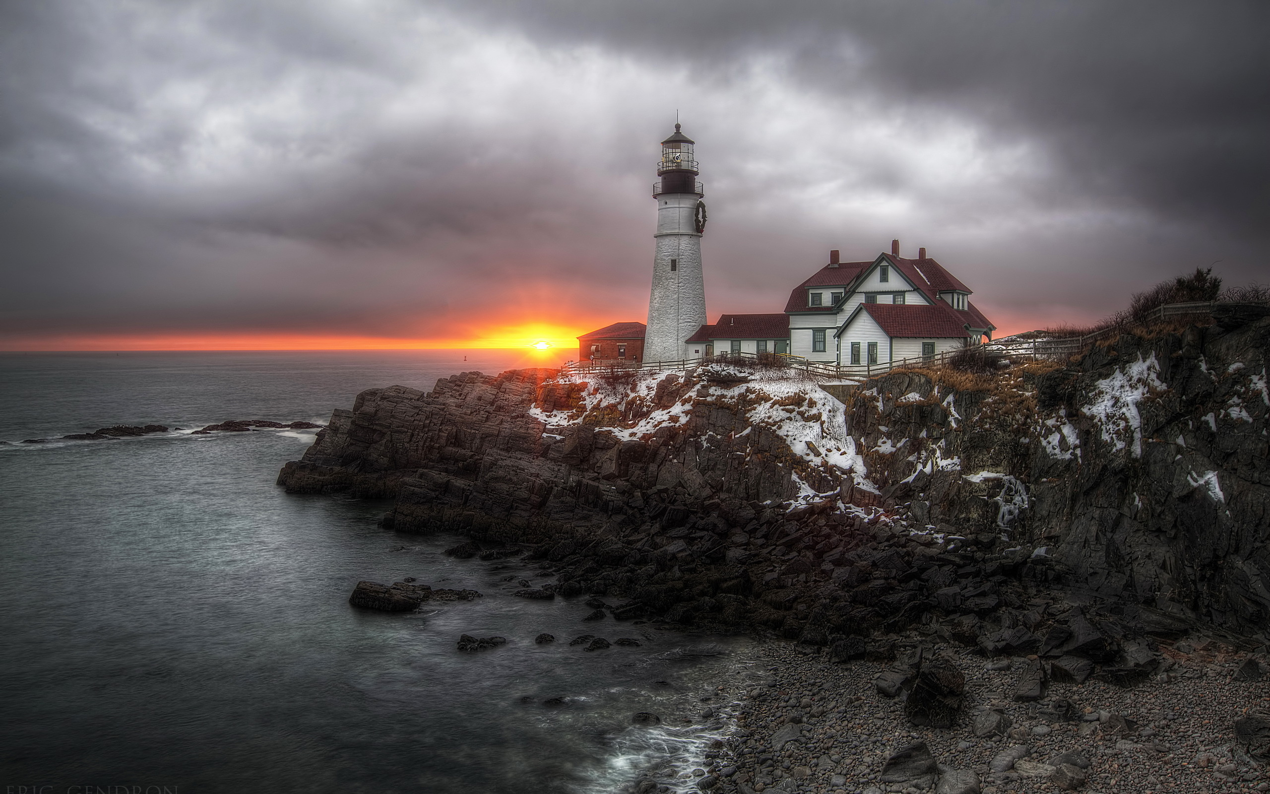 Maine Wallpaper Cape Elizabeth Sea Lighthouse Usa Dark Clouds