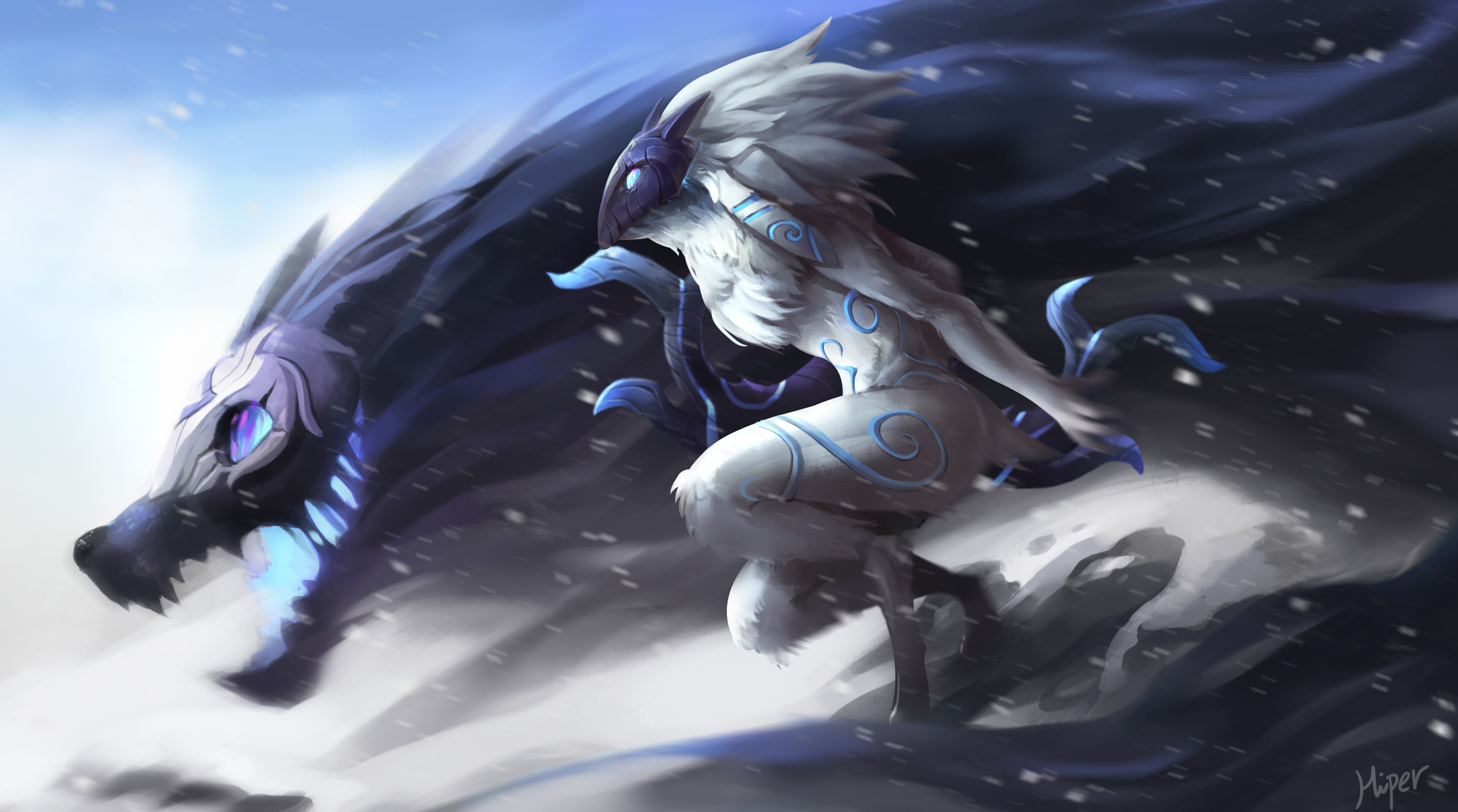 A digital painting of Kindred, the League of Legends champion, running through a snowy landscape with their wolf companion