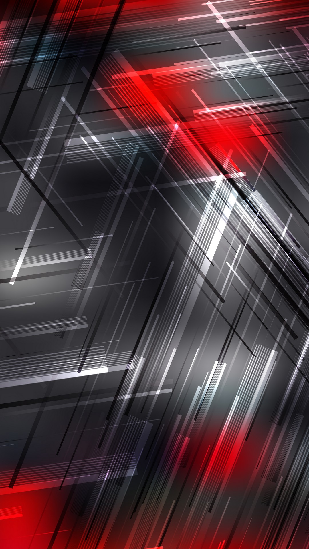 Abstract red and black geometric phone wallpaper with dynamic lines and shapes, creating a cool and modern tech-inspired design
