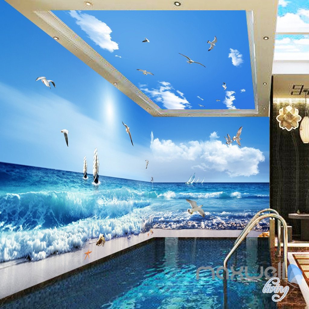 Free download 3D Sea Wave Sail Boat Seagull Beach Entire Room Bathroom ...