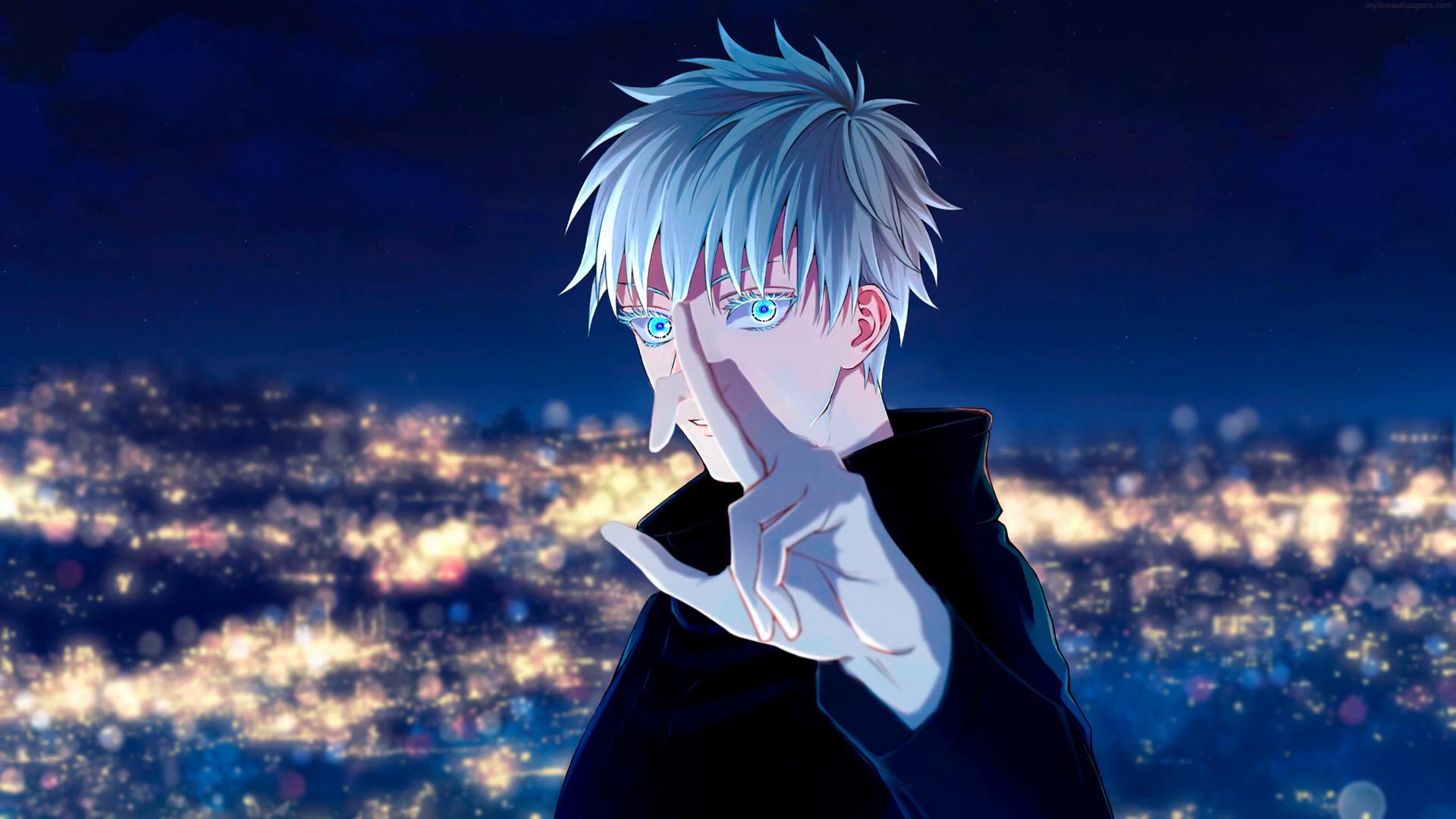 Gojo Satoru with his hand covering his face against a backdrop of a city at night