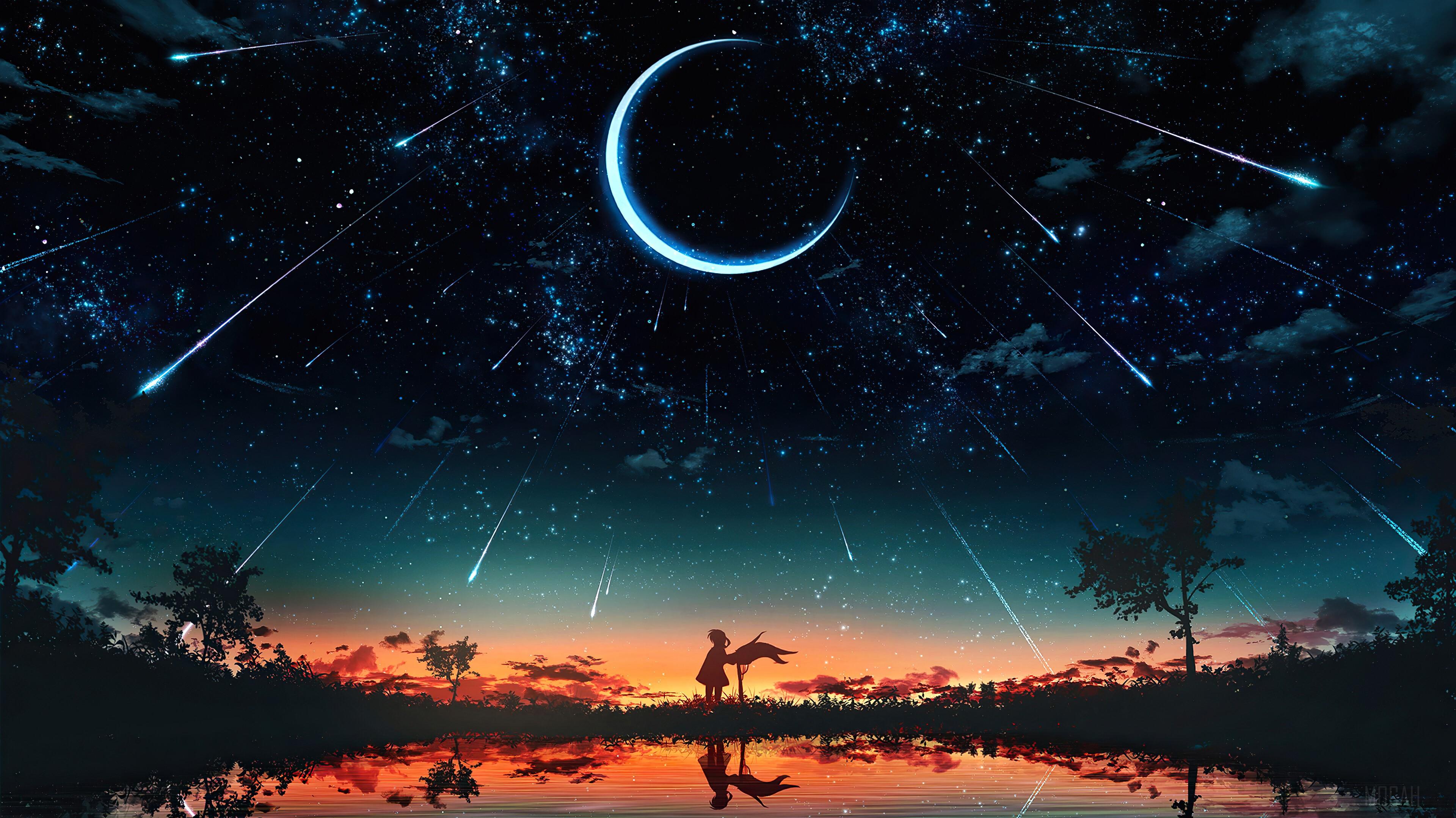 341250 Sunset Starry Night Sky Moon Stars Anime Scenery 4k