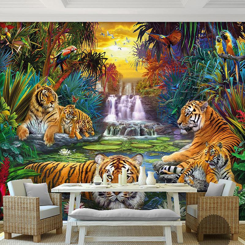 Custom Photo Wall Paper Original Forest Waterfall Tigers Animal 3d