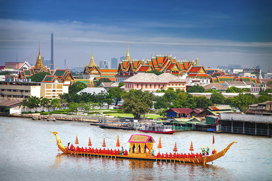 Royal Boat And River With Grand Palace Background In Bangkok Cit