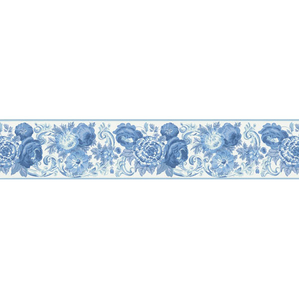 Blue Toile Floral Scroll Brewster Wallpaper Borders