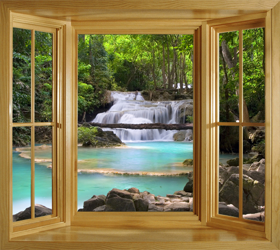 Window Scene Of A Waterfall In The Tropical Forest Thailand