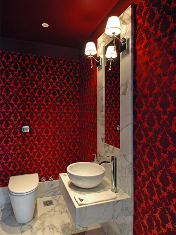 Free download Contemporary Powder Room With Red Damask Wallpaper Vessel