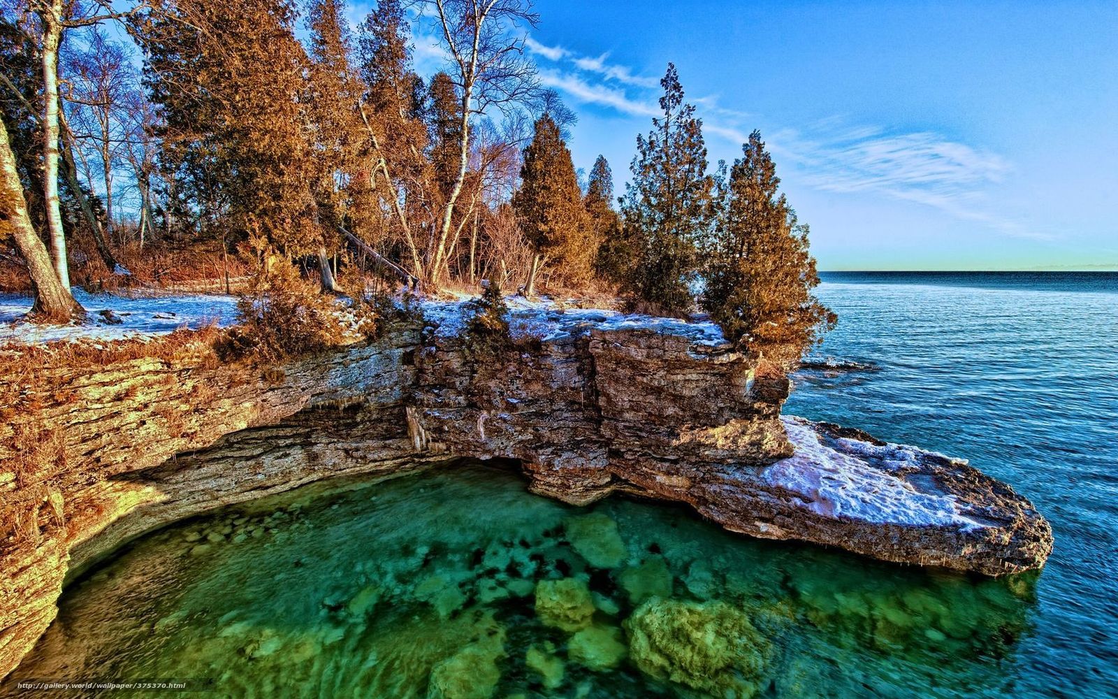 Download wallpaper Lake Michigan rocks Trees coast free desktop