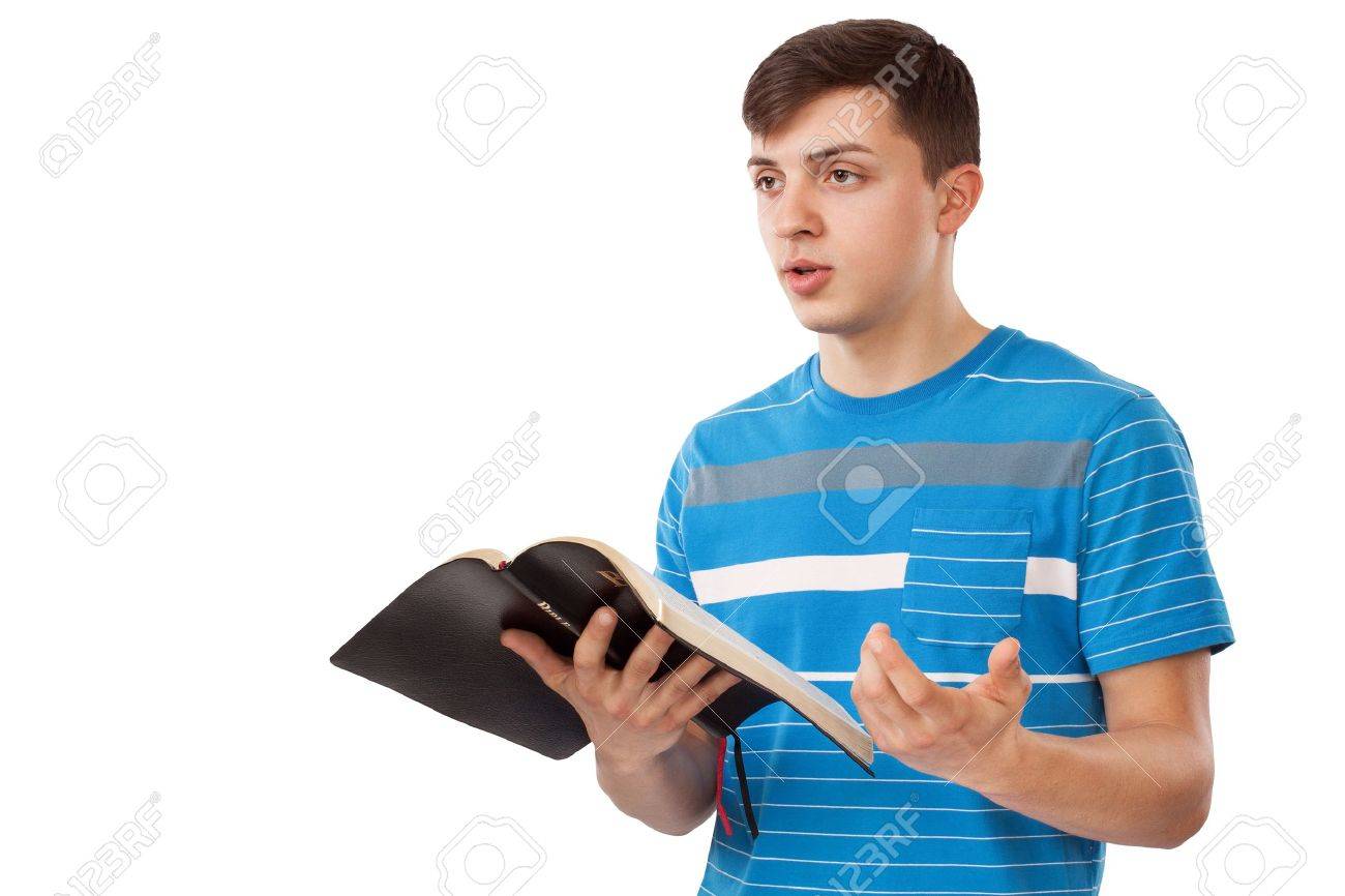 Young Man Preach In Front Of A White Background Stock Photo