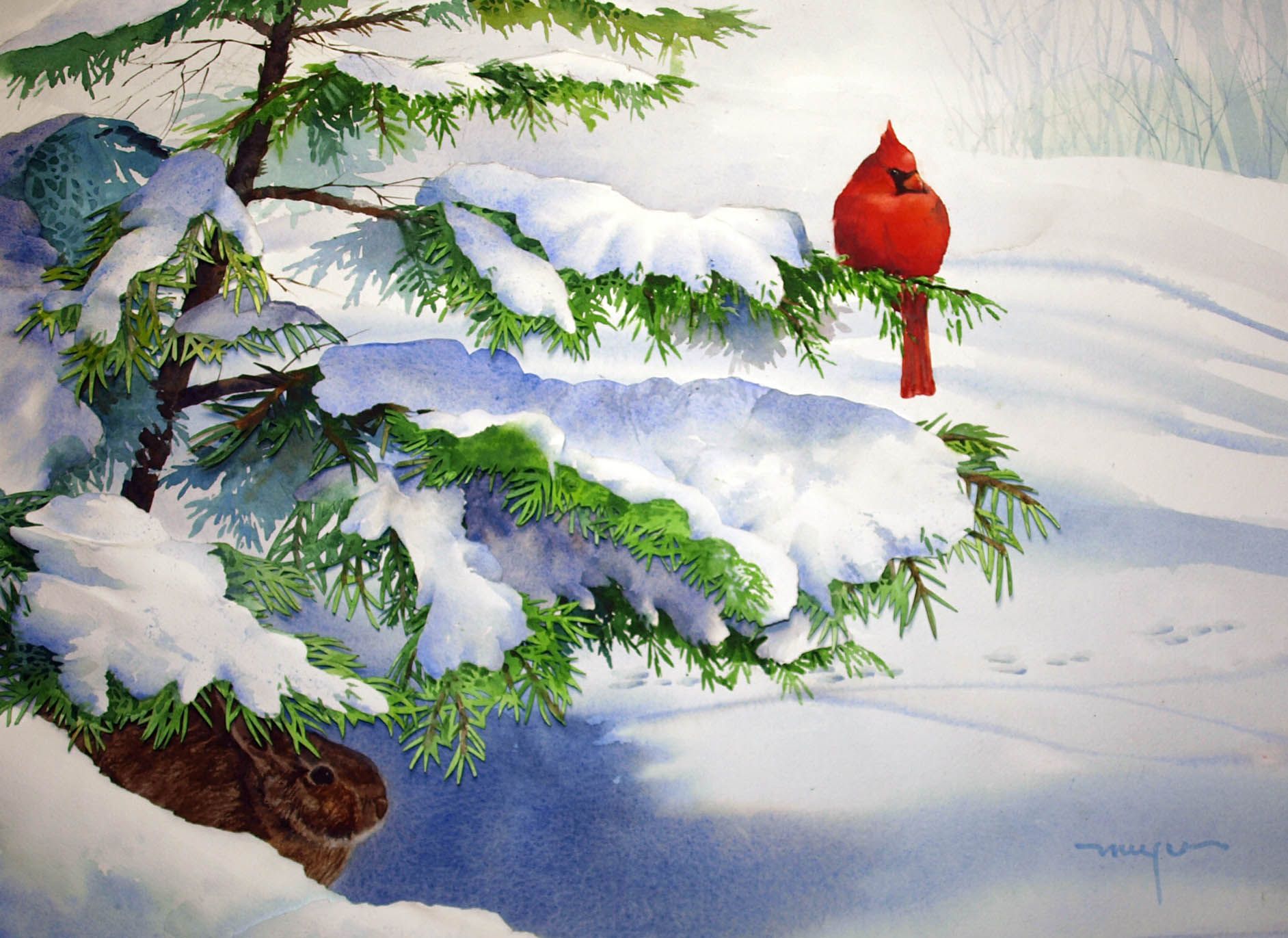 Pin Winter Bird Red Snow Tree White