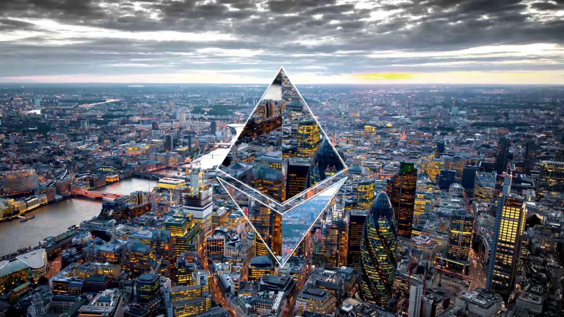 Ethereum logo superimposed over an aerial view of London at dusk, symbolizing the global reach of cryptocurrency