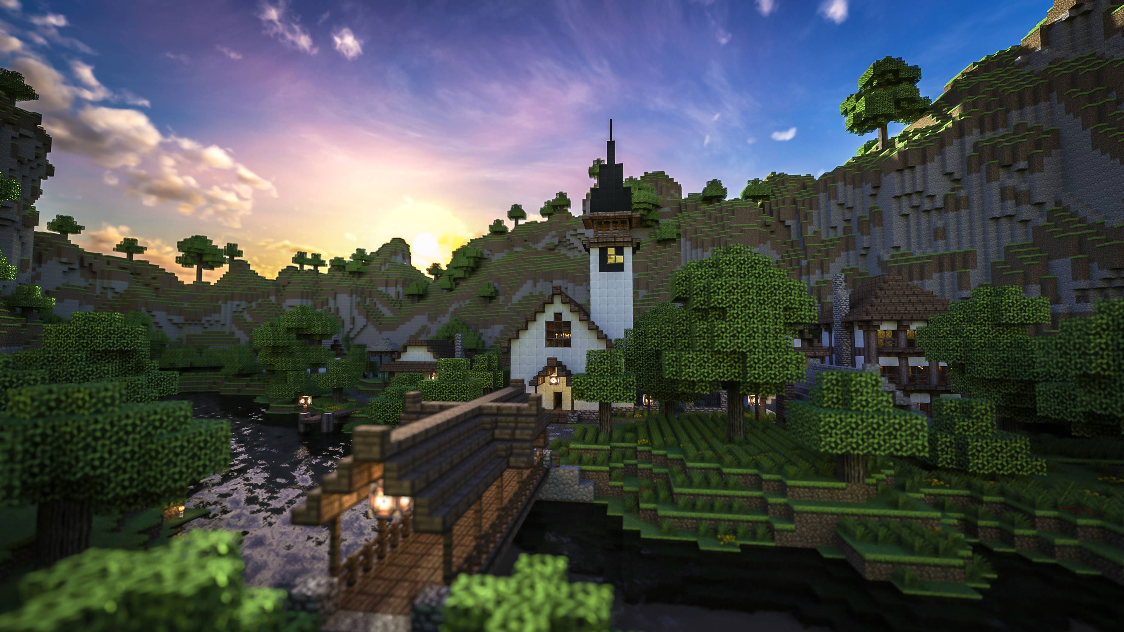 A picturesque Minecraft village nestled between hills and a river at sunset, with a charming church and a wooden bridge