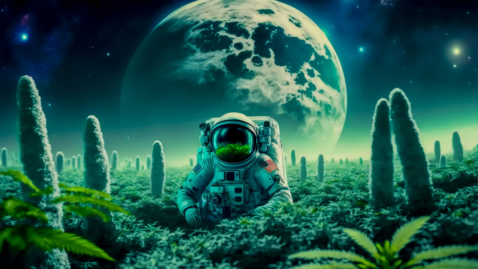 An astronaut explores a surreal alien planet covered in unusual, furry flora, with a large, Earth-like planet looming in the background. This otherworldly scene evokes a sense of discovery and wonder
