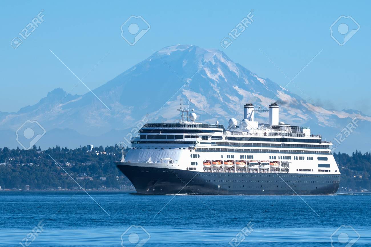 Cruise Ship Leaving Seattle On Her Way To Alaska With Mount