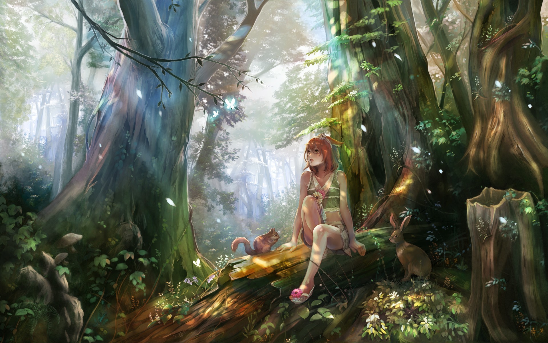 Nature Forest Animals Squirrels Rabbits Anime Girls Art Fantasy