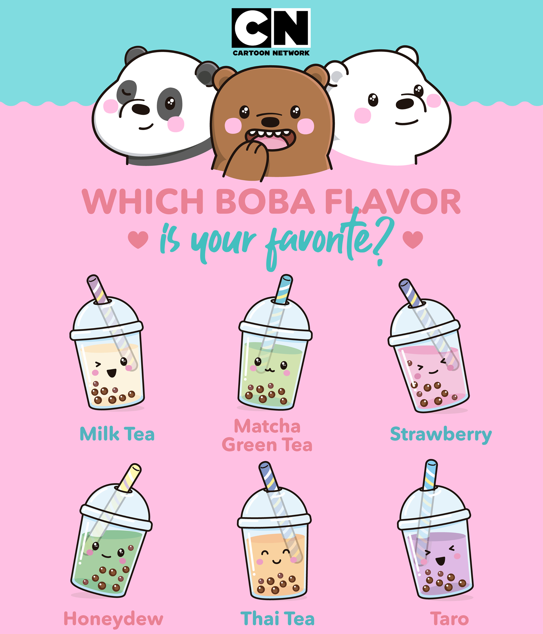 Cute cartoon bears and pandas enjoying various boba tea flavors against a preppy pink and teal background