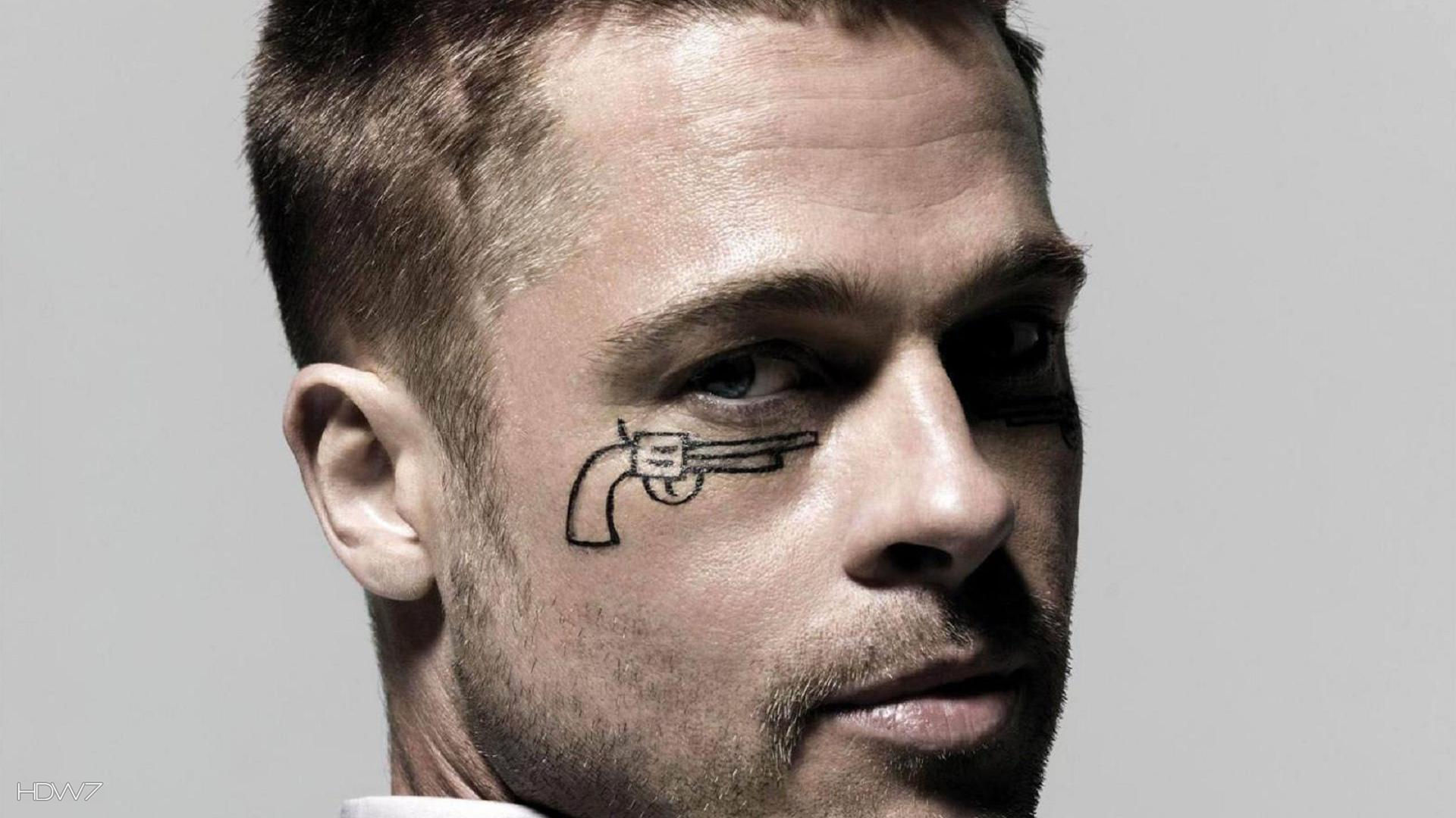 Wallpaper Name Brad Pitt Gun Tattoo On The Face Jpg Added