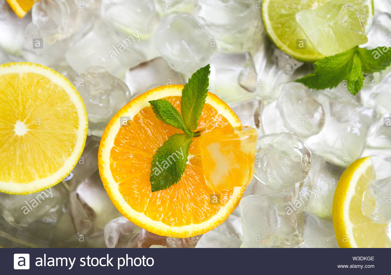 Summer Refreshing Background Of Orange Lemon Lime And Mint Stock