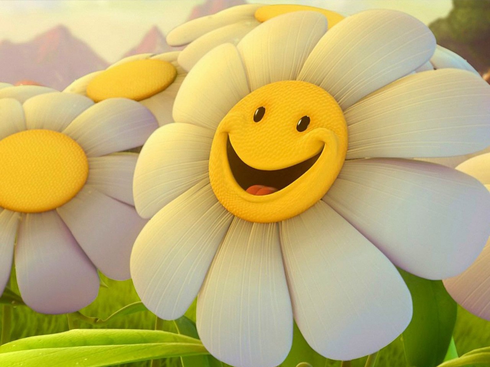 3D Smiley Face Flower in a Field