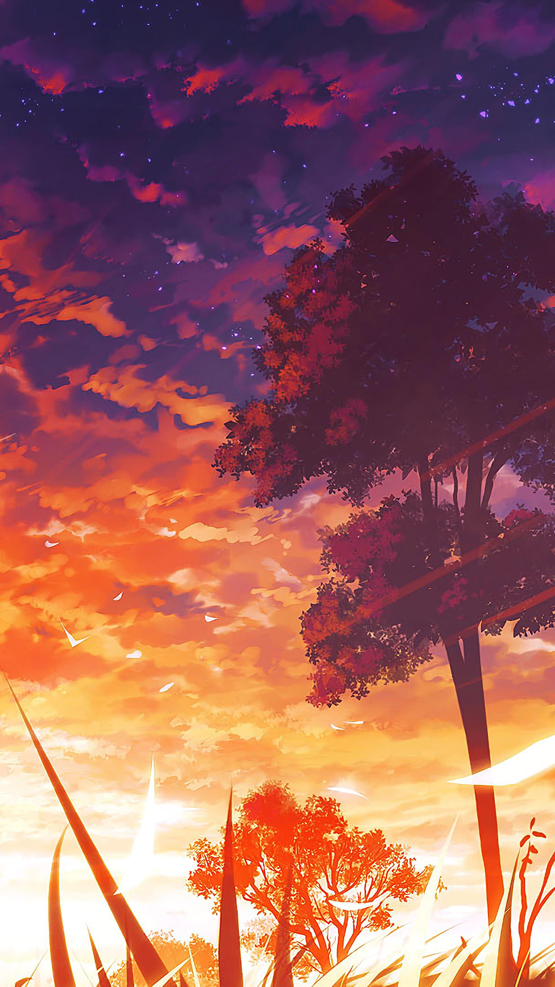 Anime Sunset Scenery Trees 4k Wallpaper