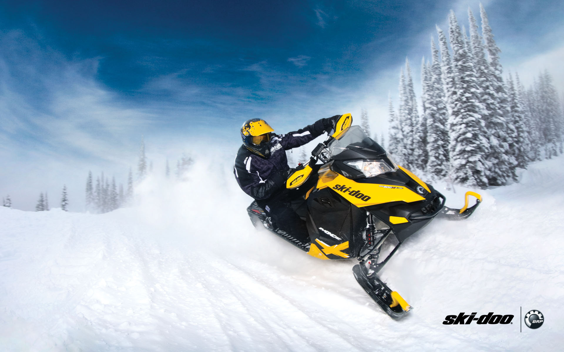 Snowmobile Brp Yellow Snow Forest Sports Wallpaper