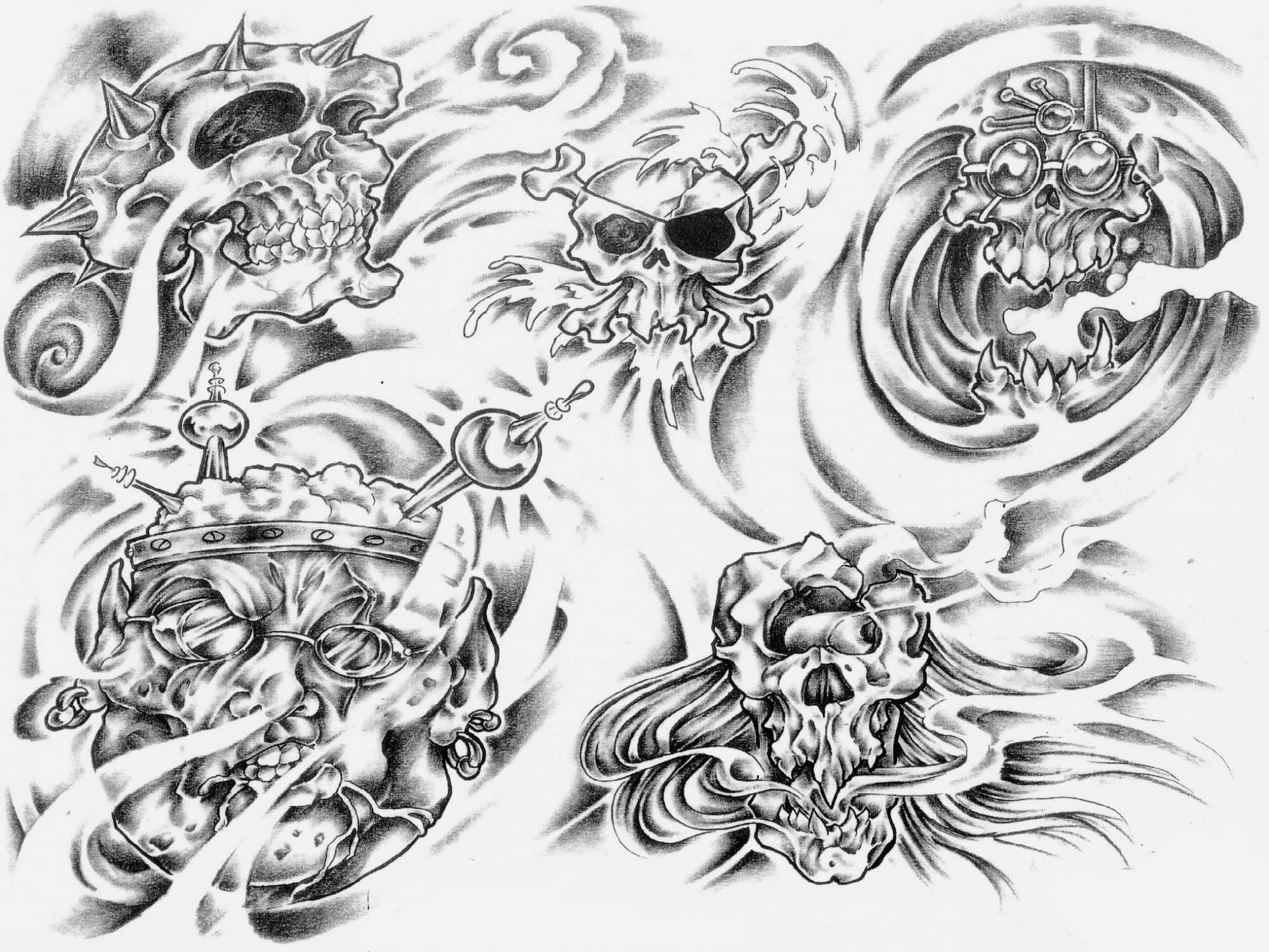 A collection of skull tattoo designs featuring various elements like crowns, spikes, and swirling smoke