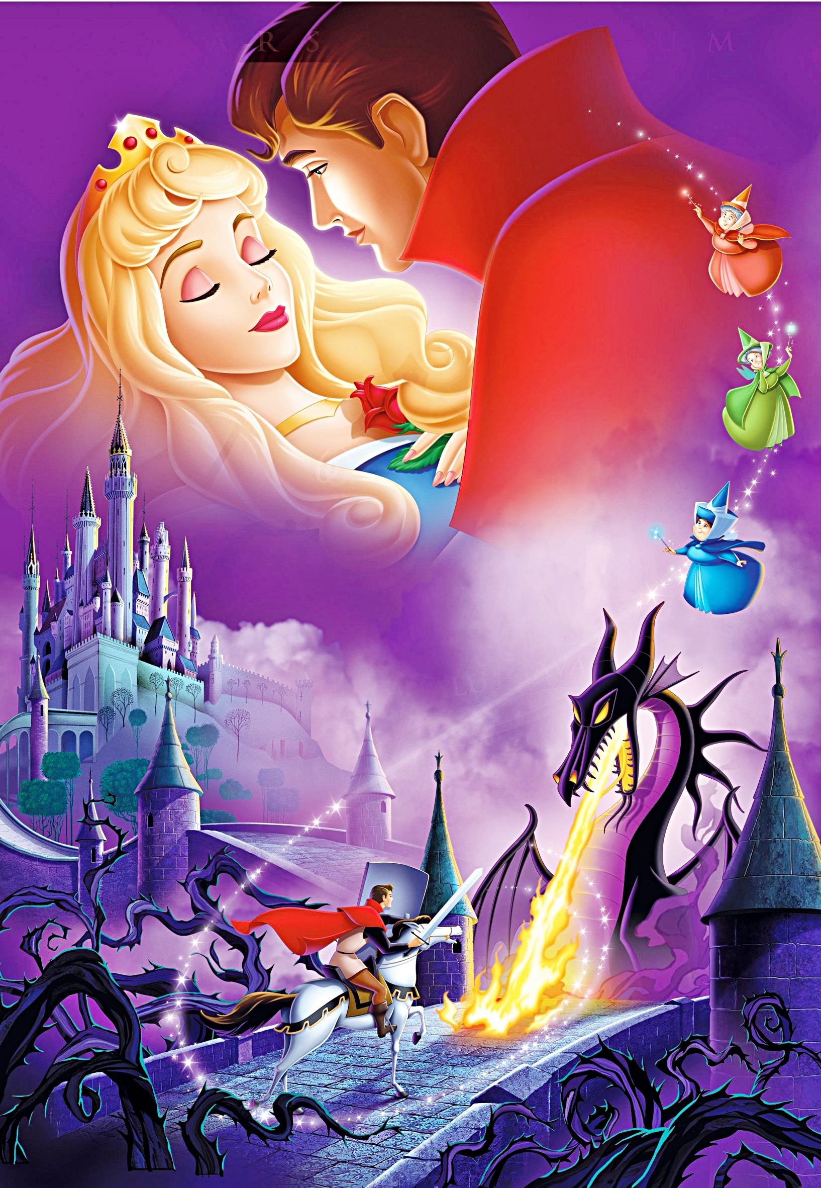 Disney's Sleeping Beauty: Princess Aurora and Prince Phillip with the Three Good Fairies