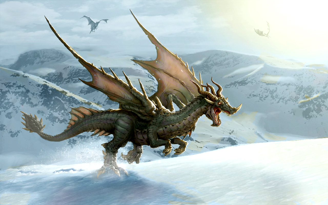 A fearsome dragon running through a snowy mountain landscape, with other dragons soaring in the distance