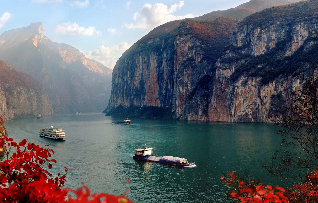 Wallpaper Autumn Leaves River Rocks Ship China Yangtze