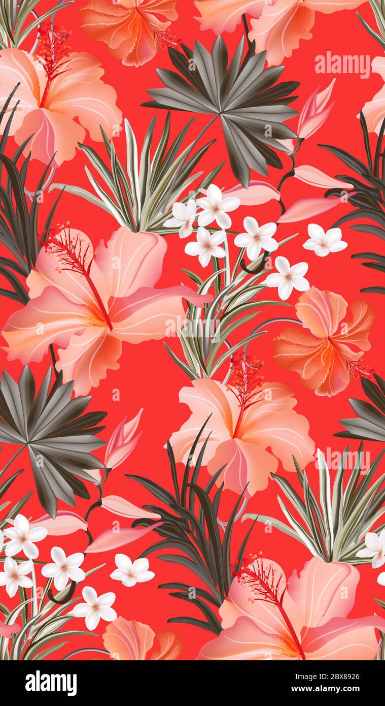 Red hibiscus tropical floral pattern Colorful abstract summer