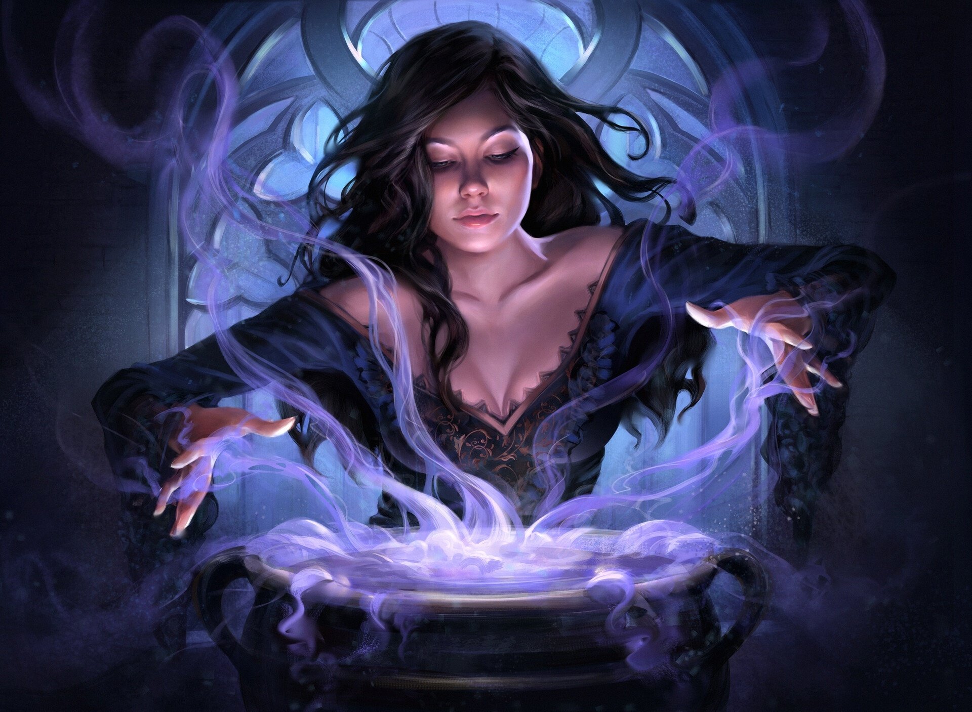Cauldron Black Hair Magic Fantasy Witch HD Wallpaper