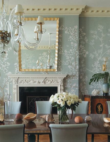 Formal Dining Room With Beautiful Duck Egg Blue Floral Wallpaper